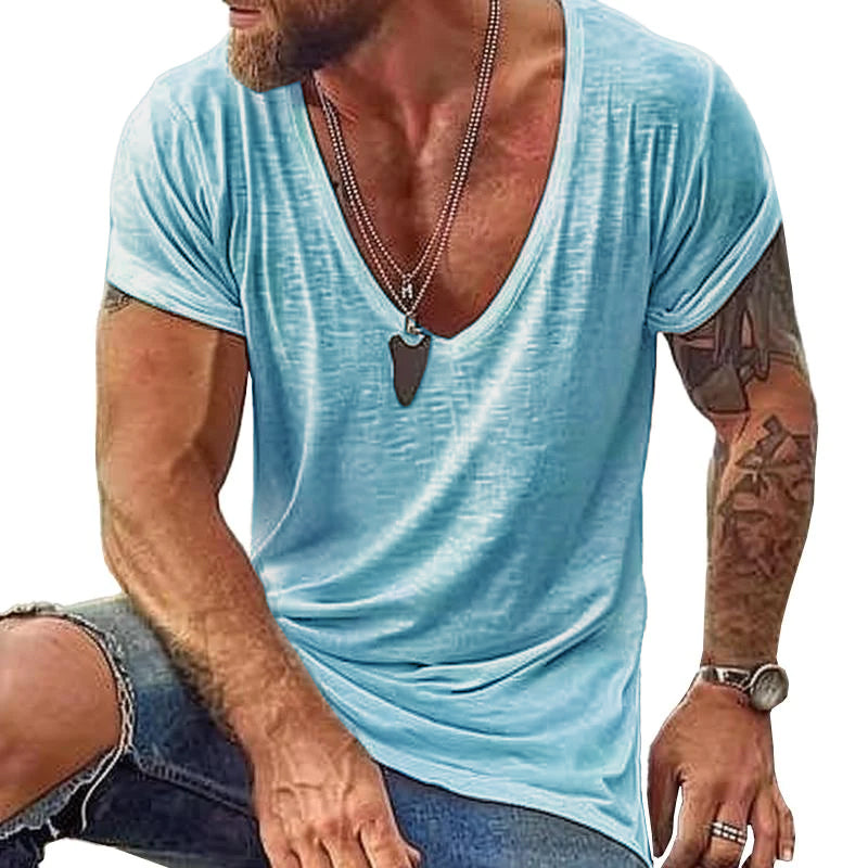 Camiseta informal de algodón con cuello en V y manga corta para hombre 00121855M