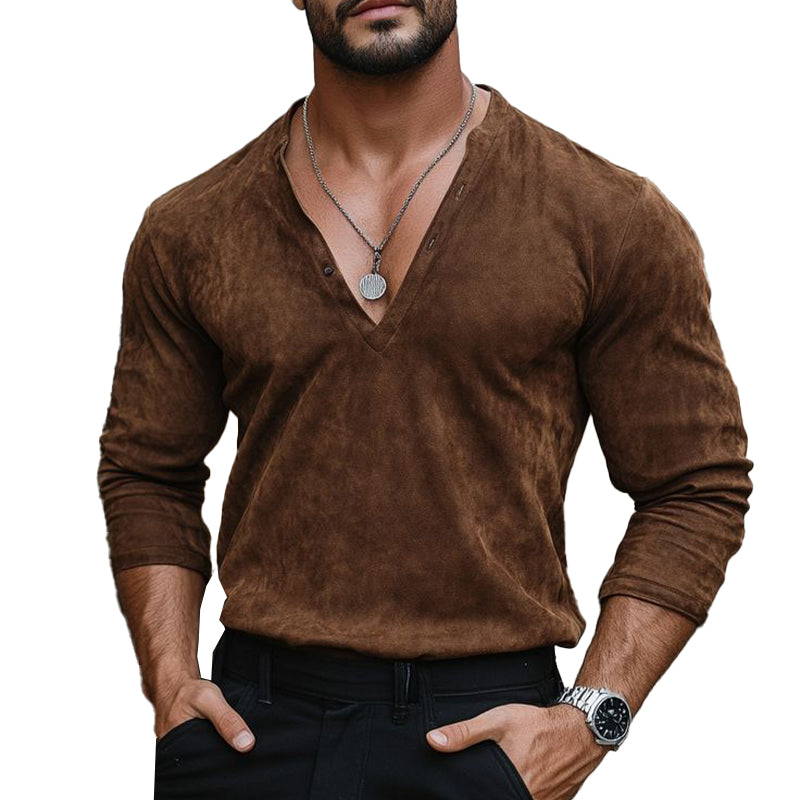 Men's Vintage Solid Suede V-Neck Long Sleeve T-Shirt 55041526X