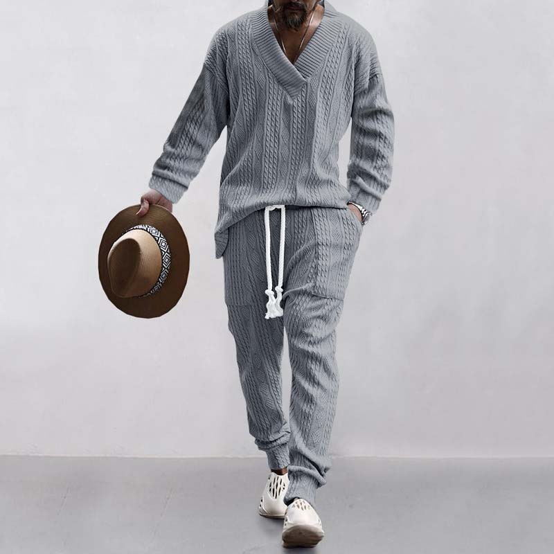 Men's Casual V-neck Versatile Jacquard Pocket Knit Loose Sweater Knitpants Set 00792924K