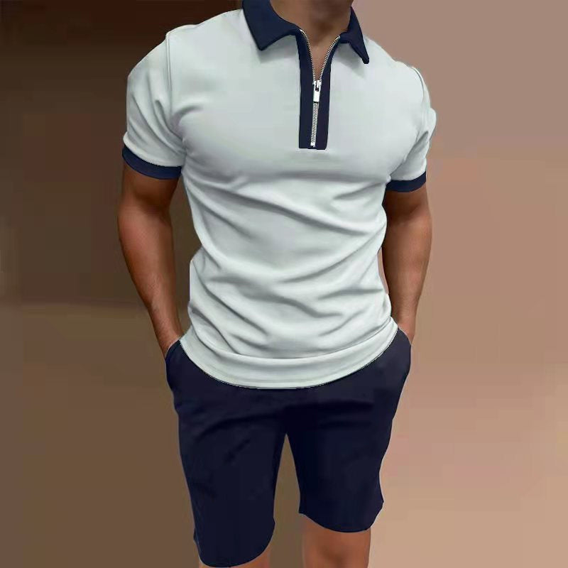 Men's Color Matching Lapel Stitching Solid Color Short Sleeve Shorts Set 13334453X
