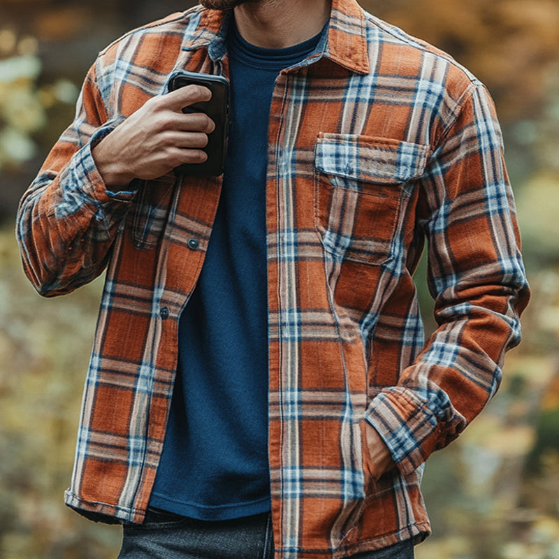 Men's Casual Orange Plaid Button-Down Long Sleeve Shirt 72441720U