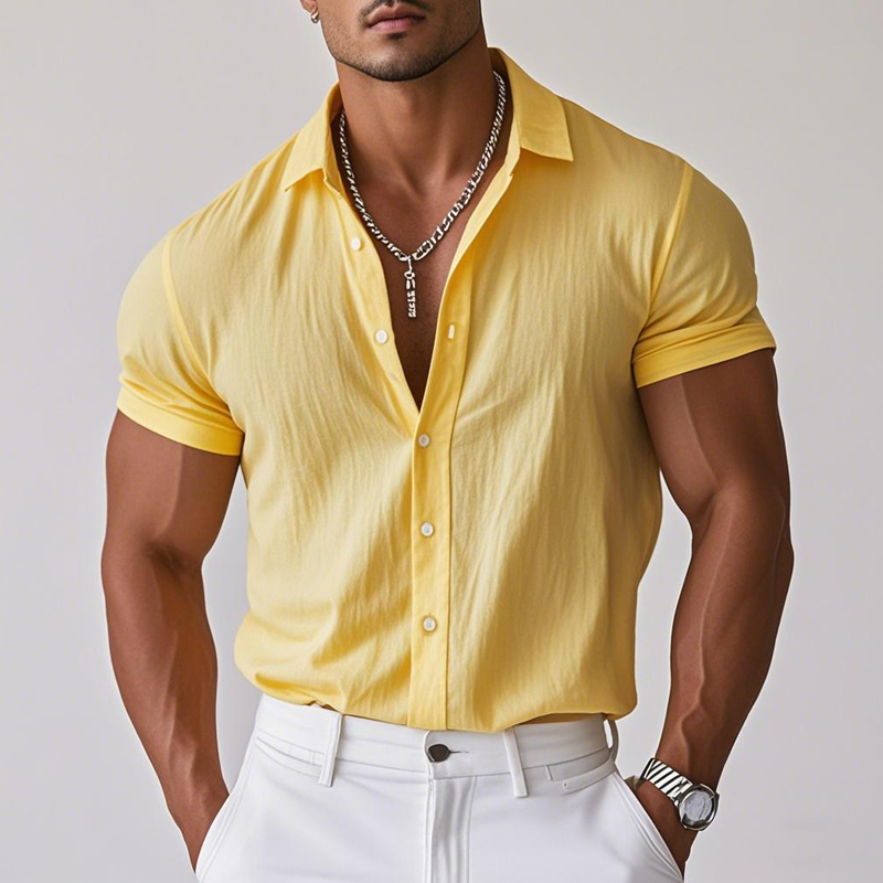 Men's Casual Cotton Linen Lapel Single Breasted Loose Short Sleeve Shirt MTA2240D5M