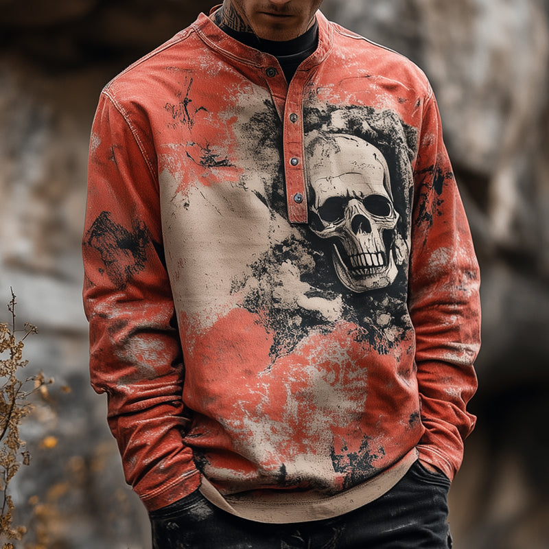 Men's Retro Casual Rock Skull Print Henley Neck Long Sleeve T-Shirt 08636090TO