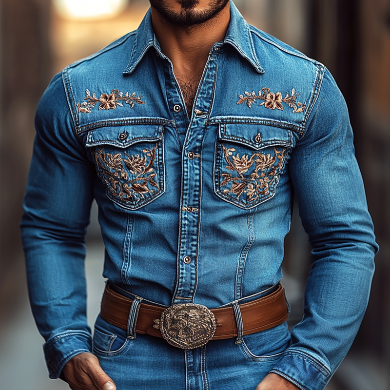 Men's Western Cowboy Style Embroidered Lapel Chest Pocket Long Sleeve Denim Shirt 08133213Z