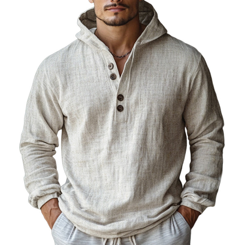 Men's Skin-friendly Off-White Cotton and Linen Long-sleeved Hoodie 95678739U