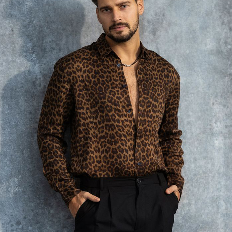 Men's Smart Casual Leopard Print Satin Long Sleeve Shirt 18468461K