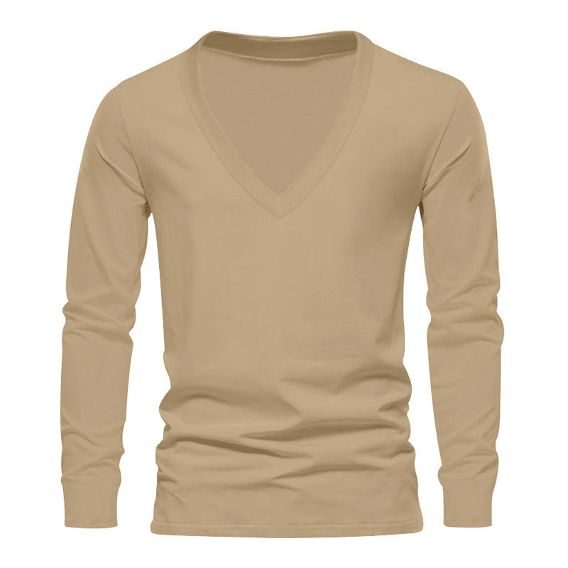 Men's Casual Solid Color Deep V-Neck Long-Sleeved T-Shirt 72728362M