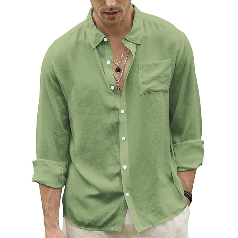 Men's Light Green Ice Silk Casual Skin-friendly Long-sleeved Shirt 57406465U