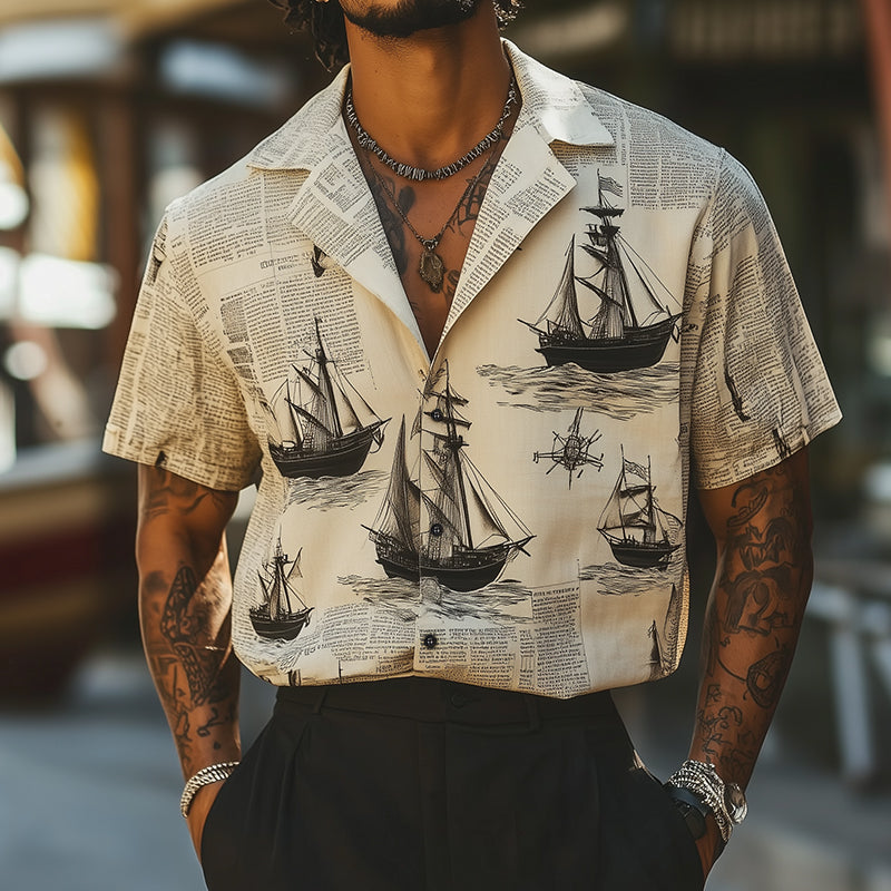 Men's Retro Casual Sailing Ship Print Lapel Short Sleeve Shirt 24346156TO