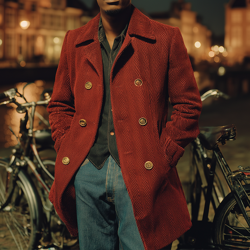 Men's Winter Fashion Herringbone Velvet Double-Breasted Coat MTA2788J3P