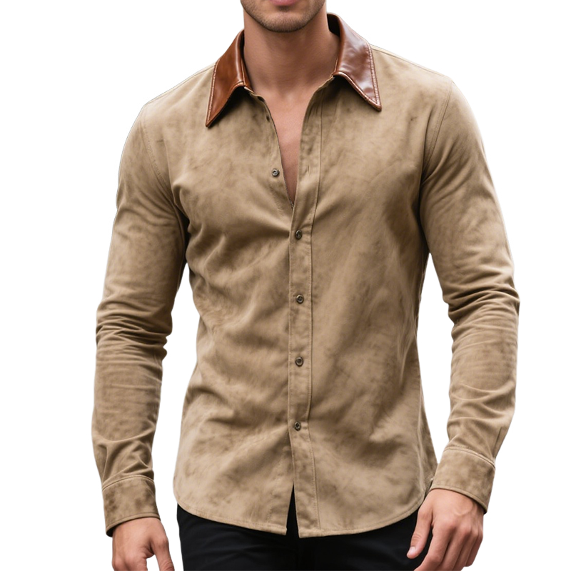 Men's Retro Casual Leather And Suede Lapel Long Sleeve Shirt MTA0874H2TO