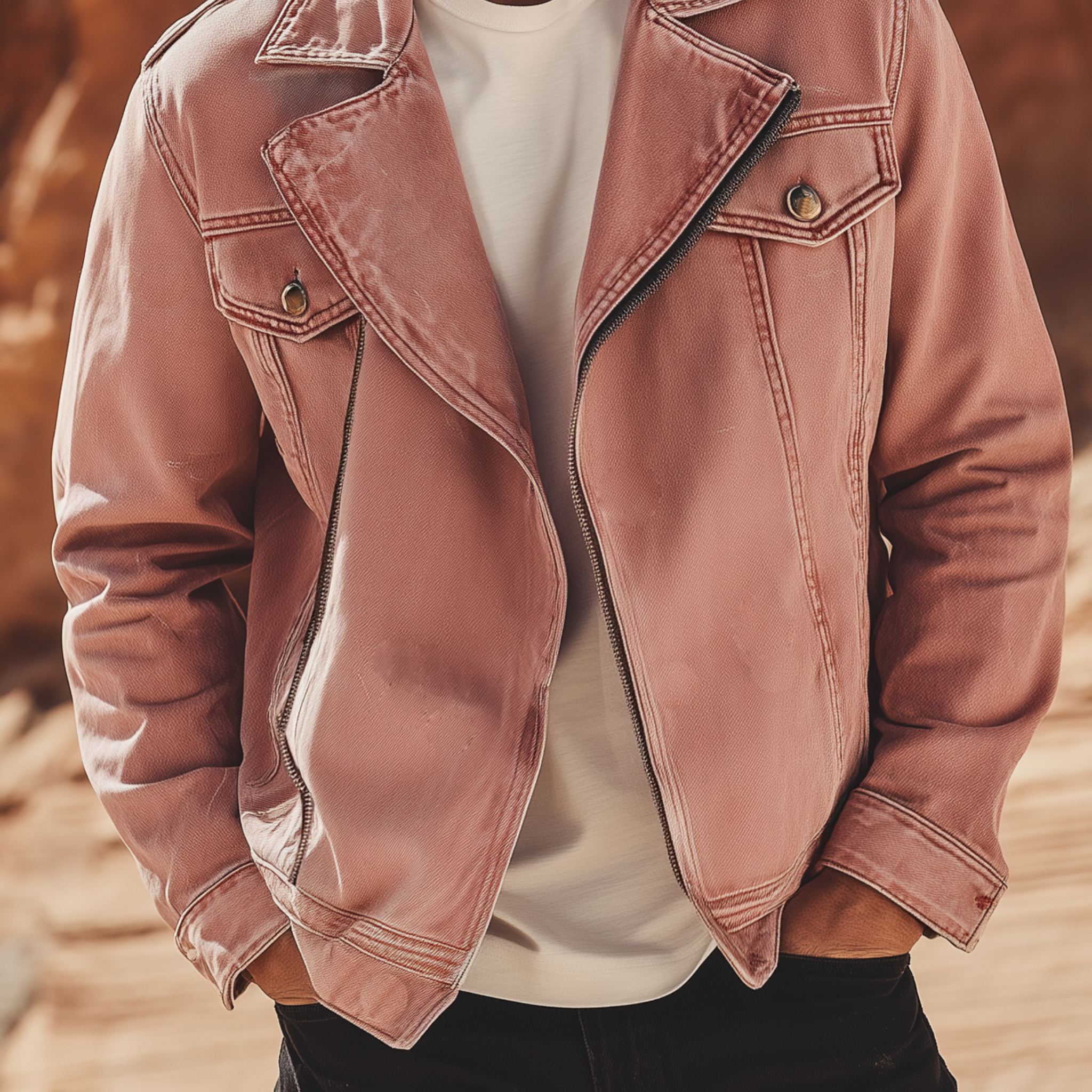 Men's Classic Casual Lapel Pink Washed Denim Zip-up Jacket MTA2193H4K