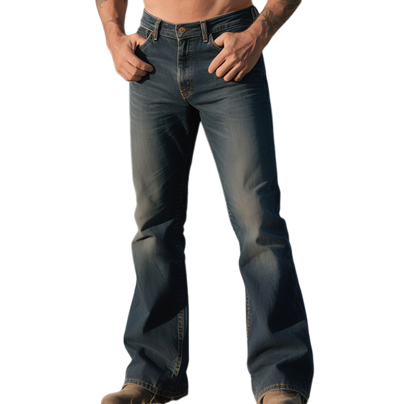 Men's Retro Western Cowboy Style Classic Ranch Washed Denim Flared Pants MTA1485E0TO
