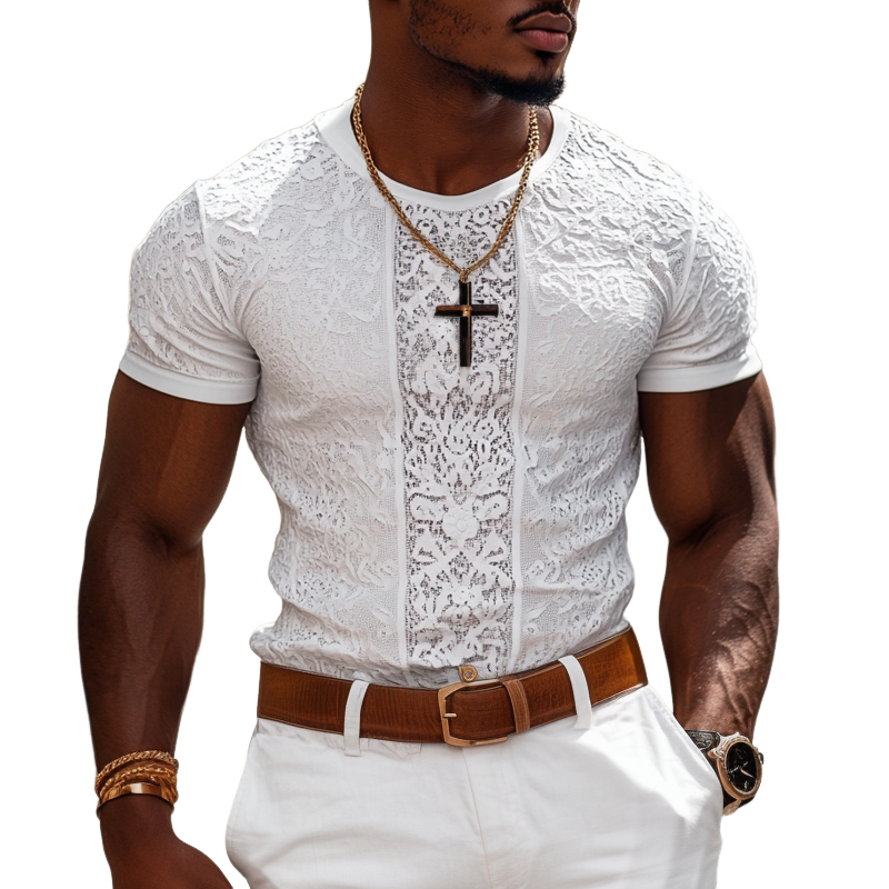 Men's Fashion Lace Stitching Round Neck Short Sleeve Casual T-shirt MTA2664E2Z