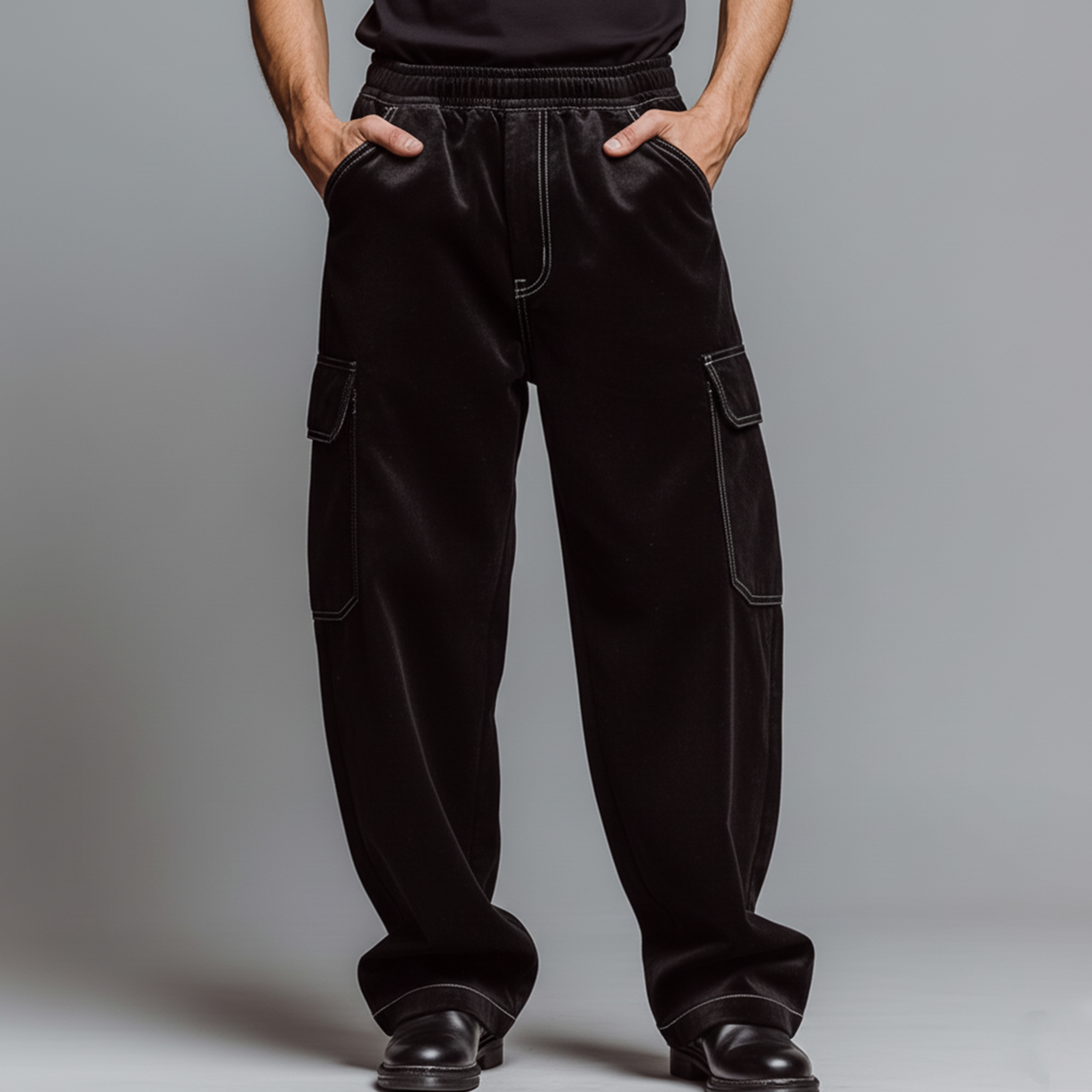 Men's Casual And Stylish Faux Velvet Multi-pocket Elastic Waist Pants MTA1040K9K