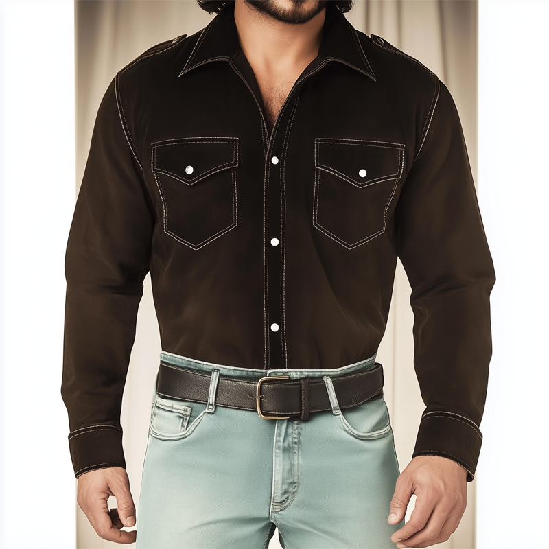 Men's Spring And Autumn Basic Dark Brown Suede Long Sleeve Shirt MTA0764H9U