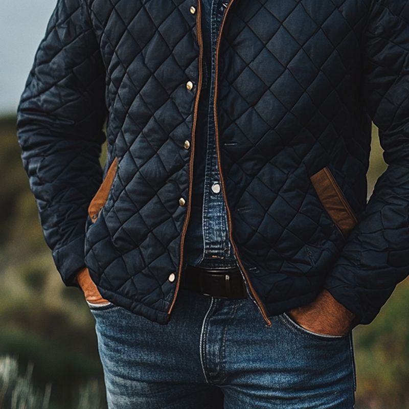 Men's Contrast Quilted Diamond Lapel Button-Down Jacket MTA2396I1X