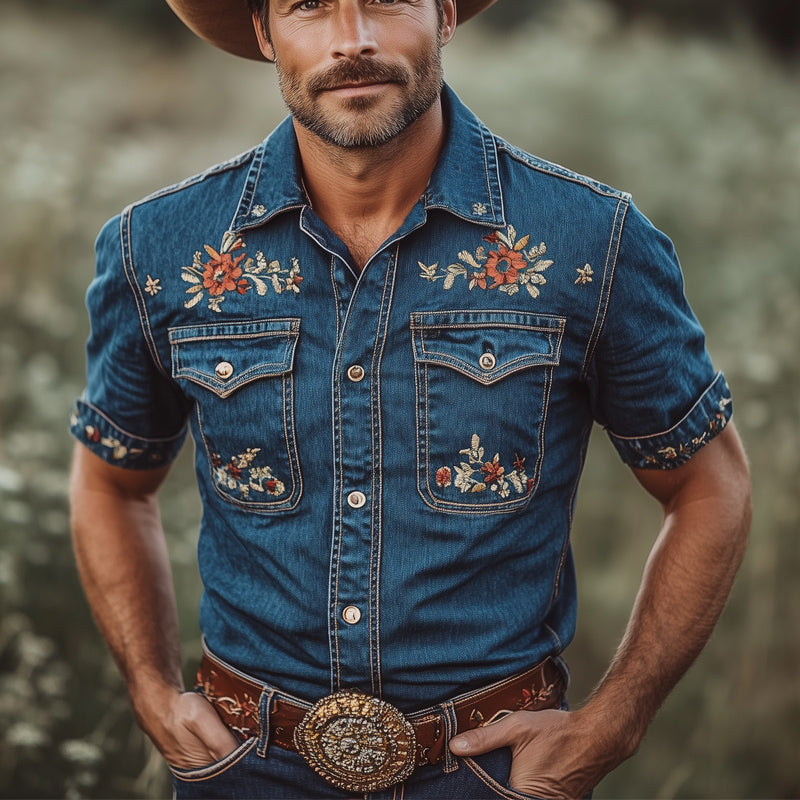 Men's Summer Classic Embroidered Denim Short Sleeve Shirt MTA2908D2U