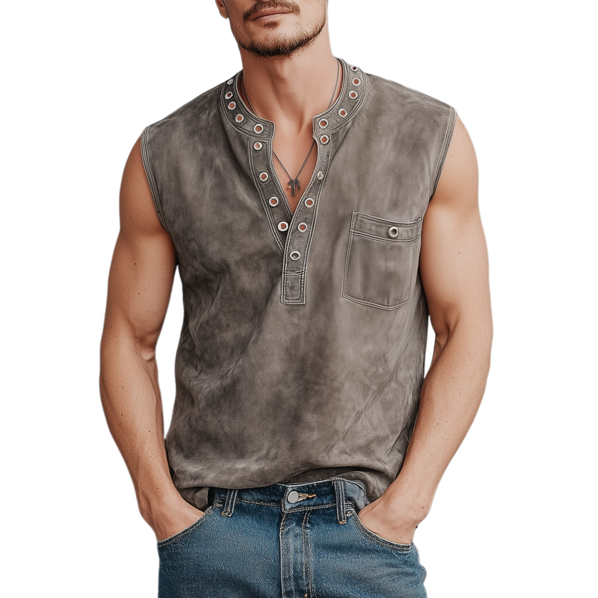 Men's Spring And Summer Casual Thin Suede Henry Collar Decorated Rivet Slim Fit Tank Top MTA1856G1K