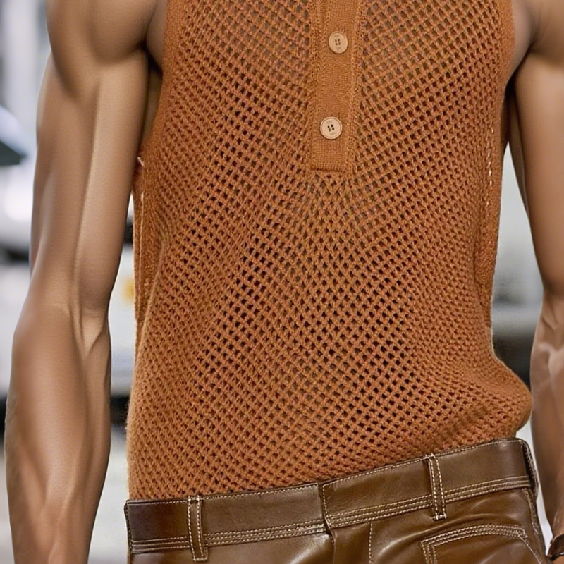 Men's Solid Hollow Out Knit Lapel Sleeveless Tank Top MTA2592G8Z