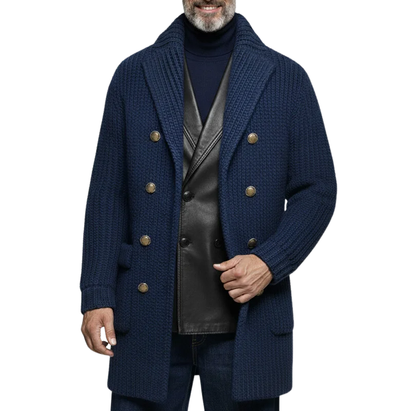 Men's Classic Casual Lapel Double-breasted Long-leg To Thigh Knit Cardigan MTA1943I2K