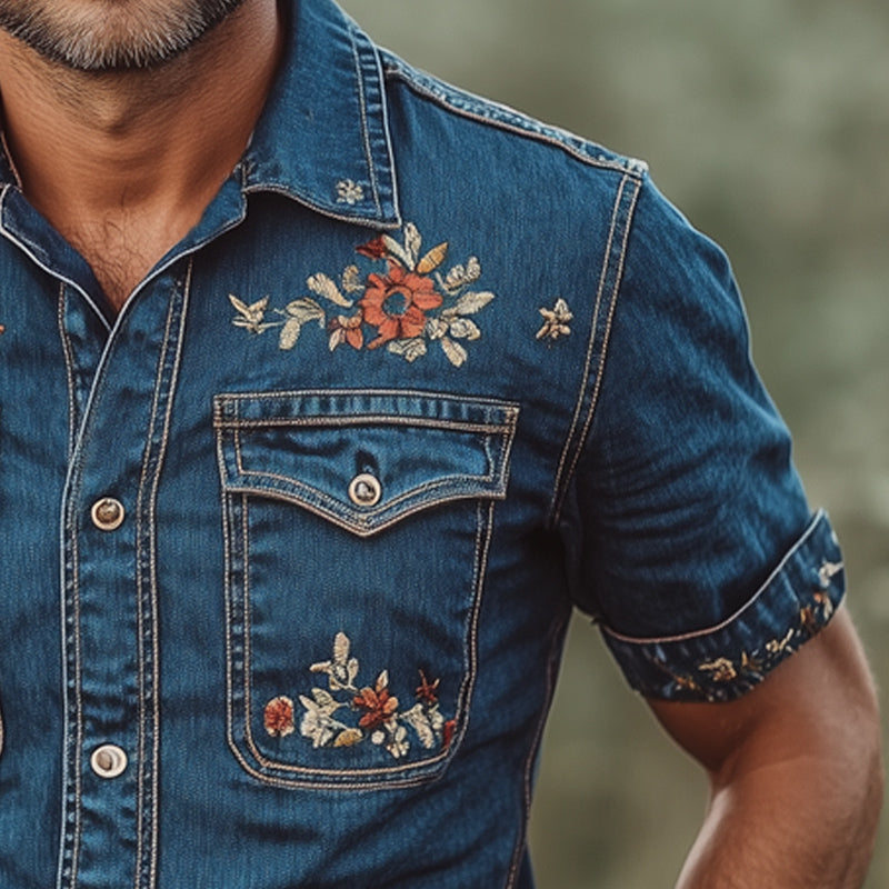 Men's Summer Classic Embroidered Denim Short Sleeve Shirt MTA2908D2U