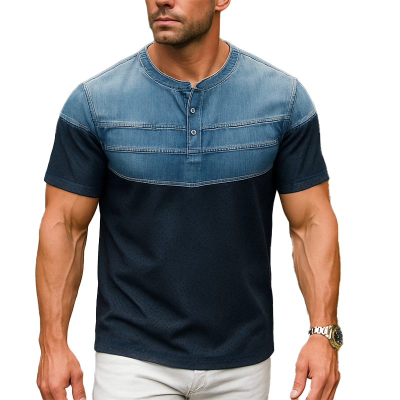 Men's Summer Fashion Denim Sports Fabric Patchwork Short Sleeve Henley Shirt MTA0567F9P