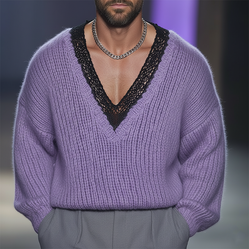 Men's Retro Cotton Yarn Knitted Lace V-Neck Sweater MTA1153L8P