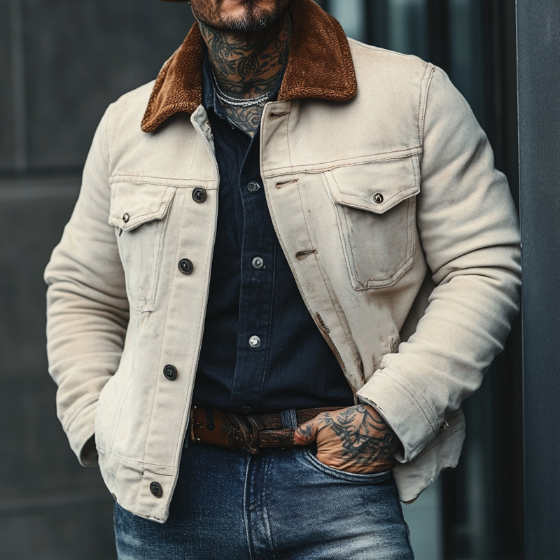 Men's Cotton Patchwork Collar Fleece Slim Fit Jacket MTA0110L7X