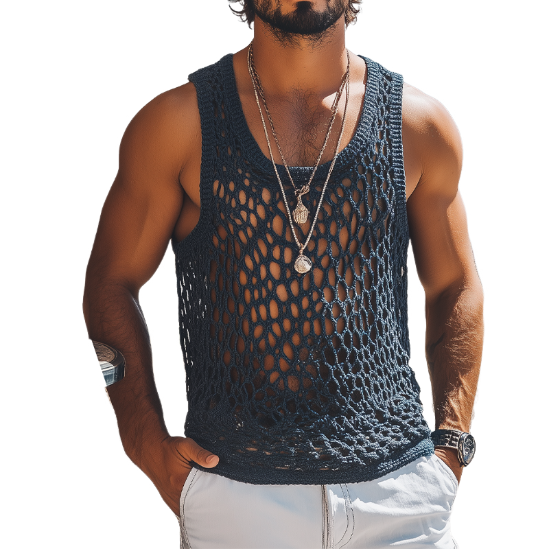 Men's Summer Fashion Casual U-neck Knitted Crochet Hollow Tank Top MTA2608F9K