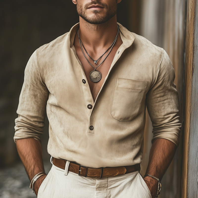 Men's Spring And Autumn Stand Collar Suede Long Sleeve T-shirt MTA0162H1U