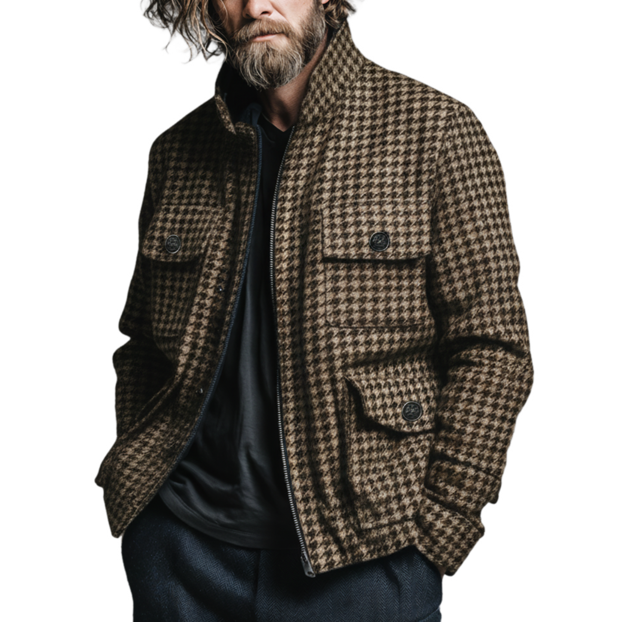 Men's Classic Casual Stand Collar Faux Houndstooth Wool Multi-pocket Zipper Jacket MTA1347J4K
