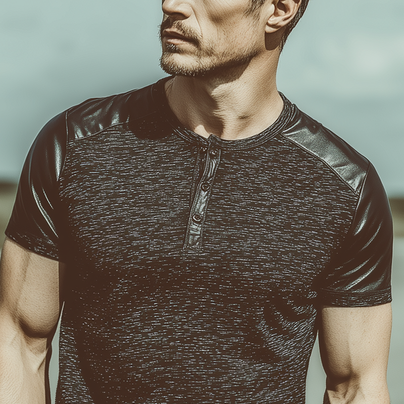 Men's Classic Casual Henley Collar Slim Fit Cotton Blend Stitching Pu Leather Short Sleeve T-shirt MTA0373G6K