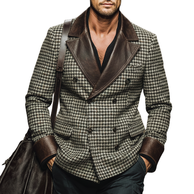 Men's Vintage Houndstooth Faux Wool And PU Leather Double-breasted Double-vented Blazer MTA2462J9U