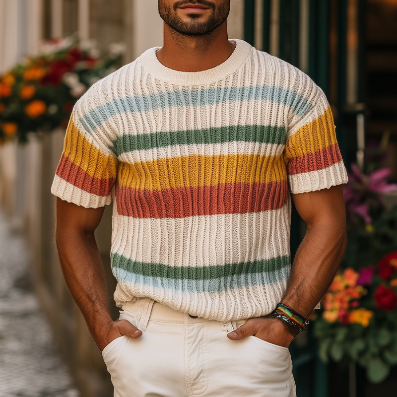 Men's Spring And Summer Fashion Casual Round Neck Colorful Horizontal Stripes Knitted Texture Short-sleeved T-shirt MTA2049F3K