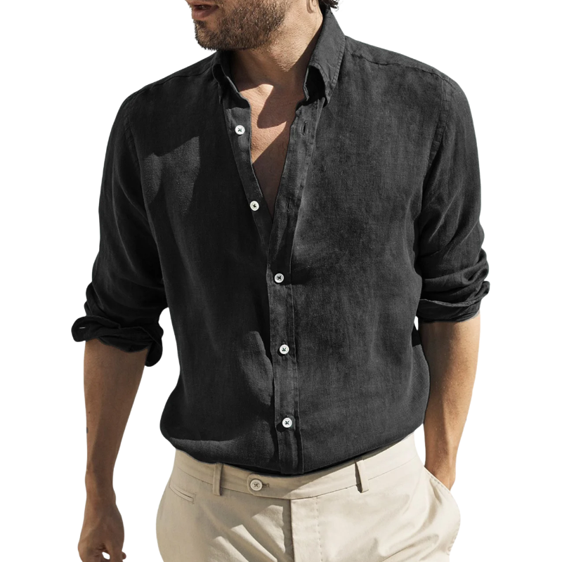 Men's Retro Casual Washed Cotton And Linen Lapel Long Sleeve Shirt MTA2824G0TO