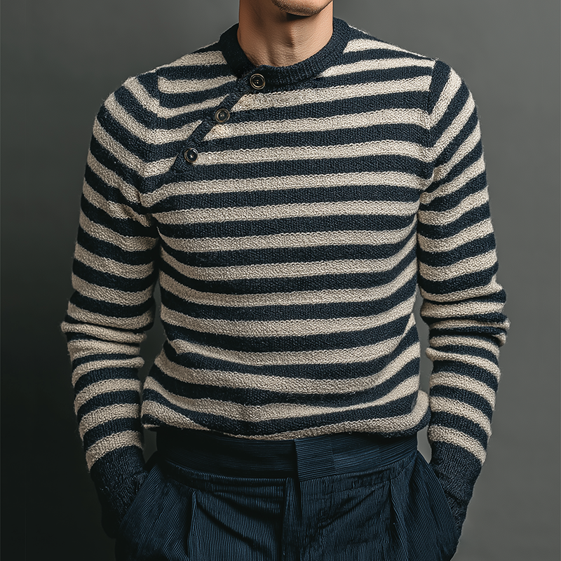 Men's Vintage Casual Navy Striped Knit Button Pullover Crew Neck Sweater MTA1494J6TO