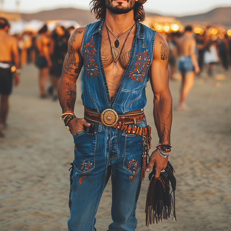 Men'S Western Denim Embroidered Jumpsuit MTA0946E1X