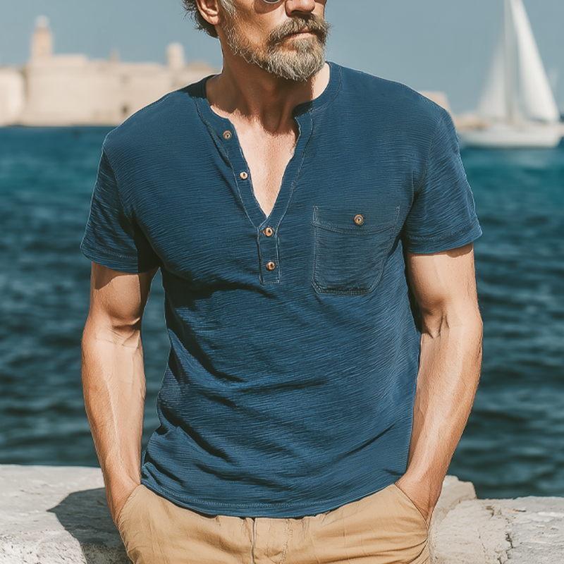 Men's Summer Classic Henley Collar Textured Short Sleeve T-Shirt MTA0277G1U