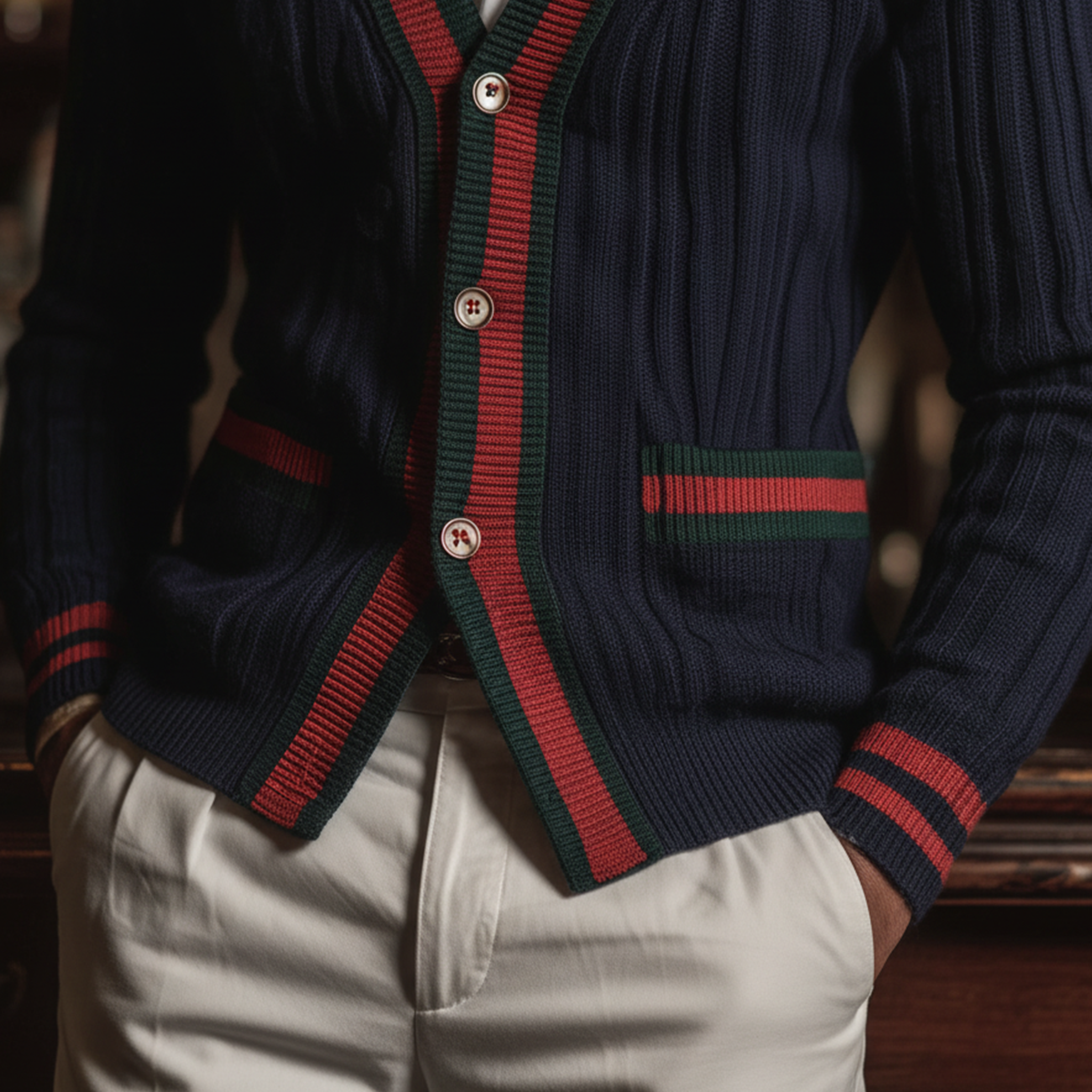 Men's Classic Casual Contrast Color Patchwork Pockets Slim Fit Knitted Cardigan MTA2954I8K