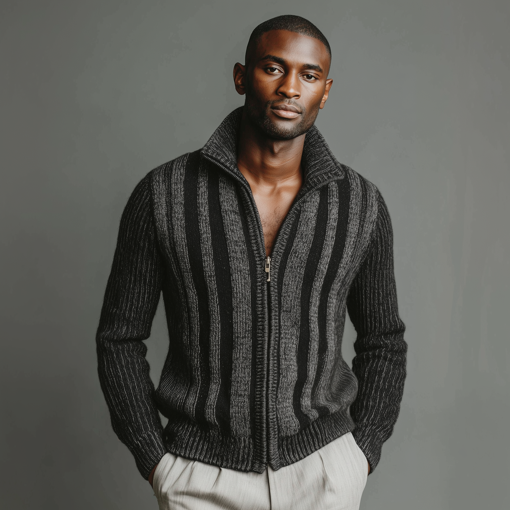 Men's Classic Retro Vertical Striped Stand Collar Zipper Knitted Cardigan MTA2367I5K