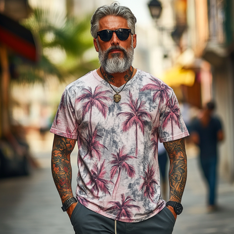 Men's Casual Vintage V-neck Cotton Blend Digital Print Short-sleeved T-shirt 38024171F