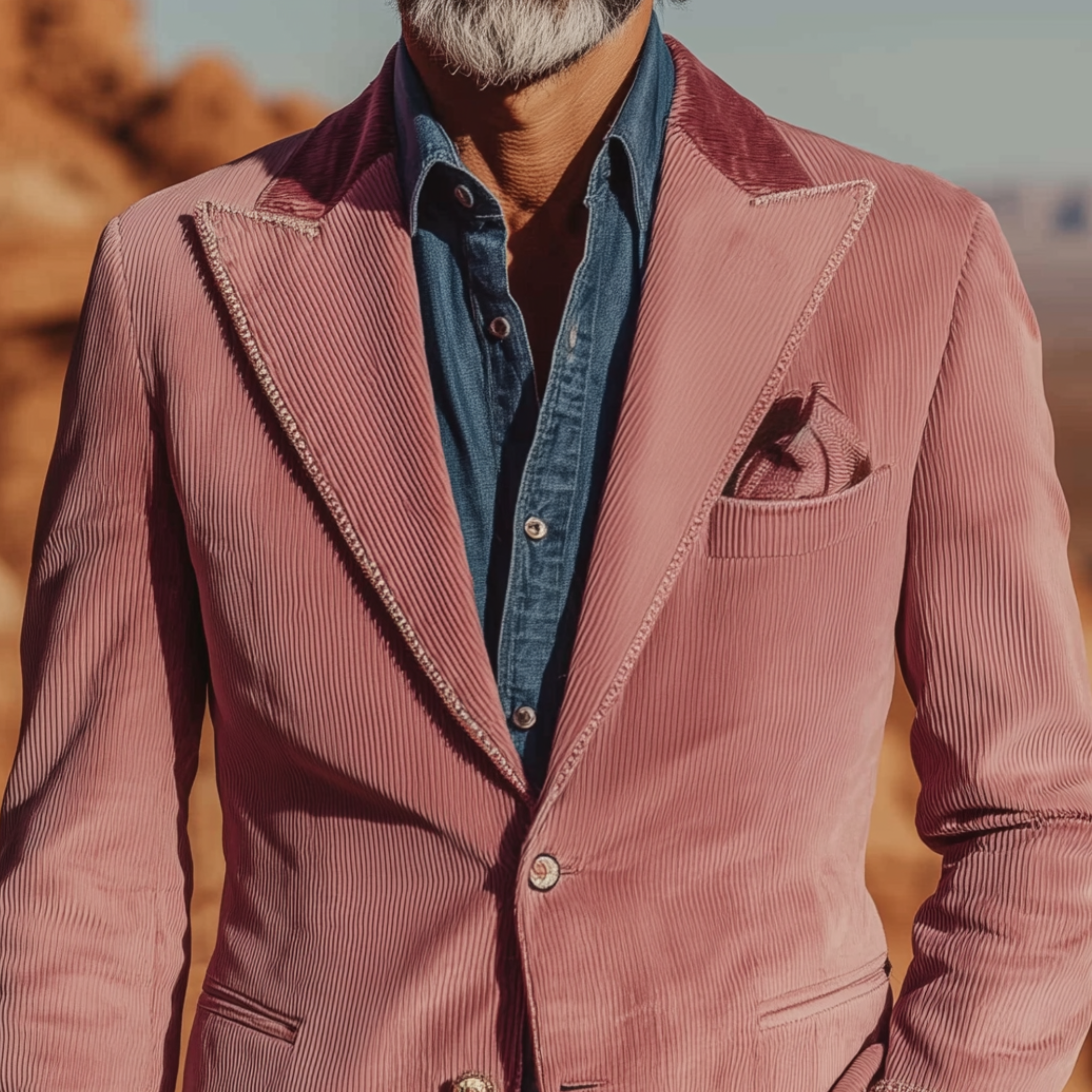 Men's Classic Retro Western Style Pink Corduroy Cuff Embroidered Single-breasted Slim-fit Blazer MTA2125H6K