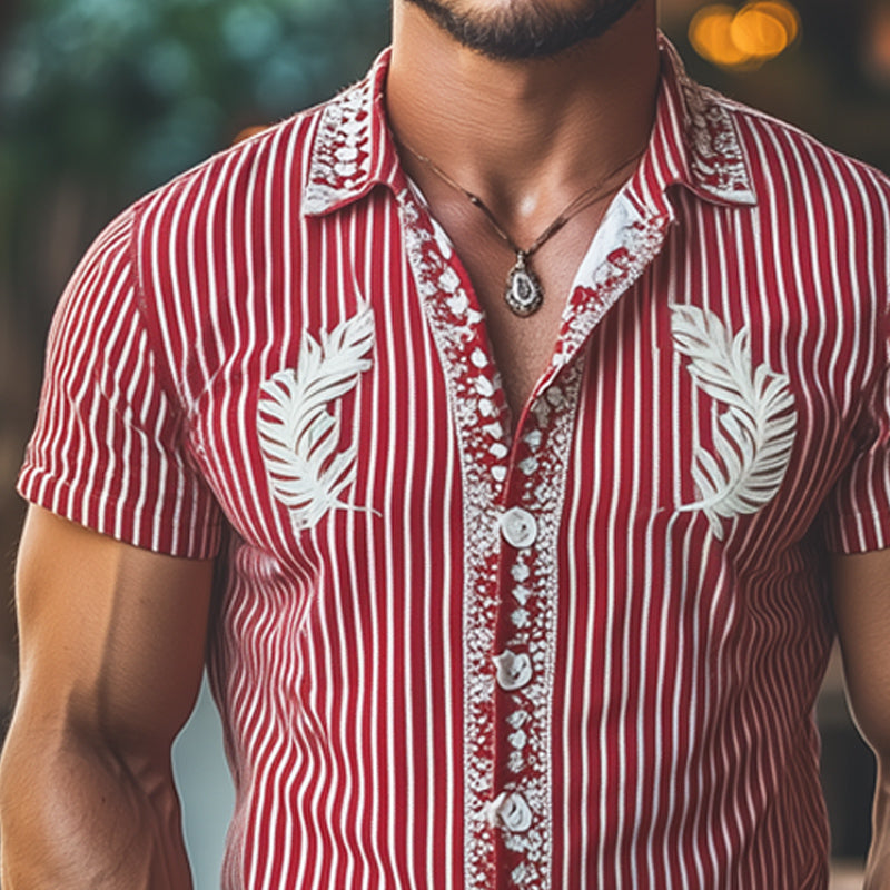 Men's Summer Striped Exquisite Embroidered Short Sleeve Shirt MTA1058E9U