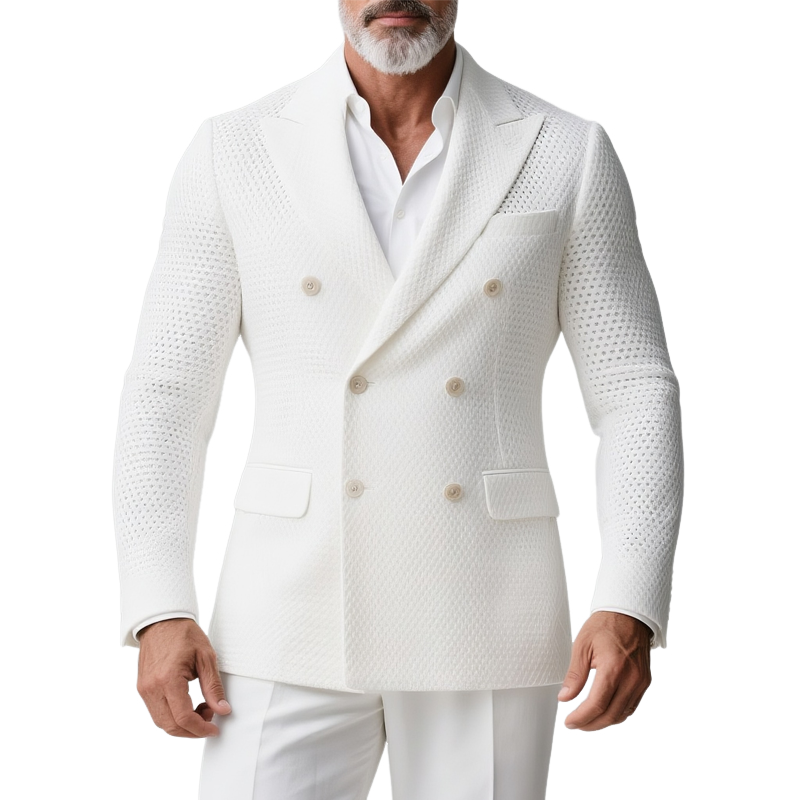 Men's Solid Knit Hollow Out Peak Lapel Double Breasted Casual Blazer MTA0618H1Z