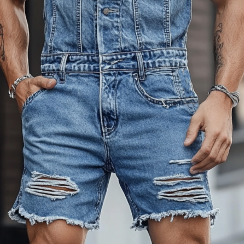 Herremote Shorts med Ermeløs Slag og Ripped Denim Jumpsuit MTA2303F2Y