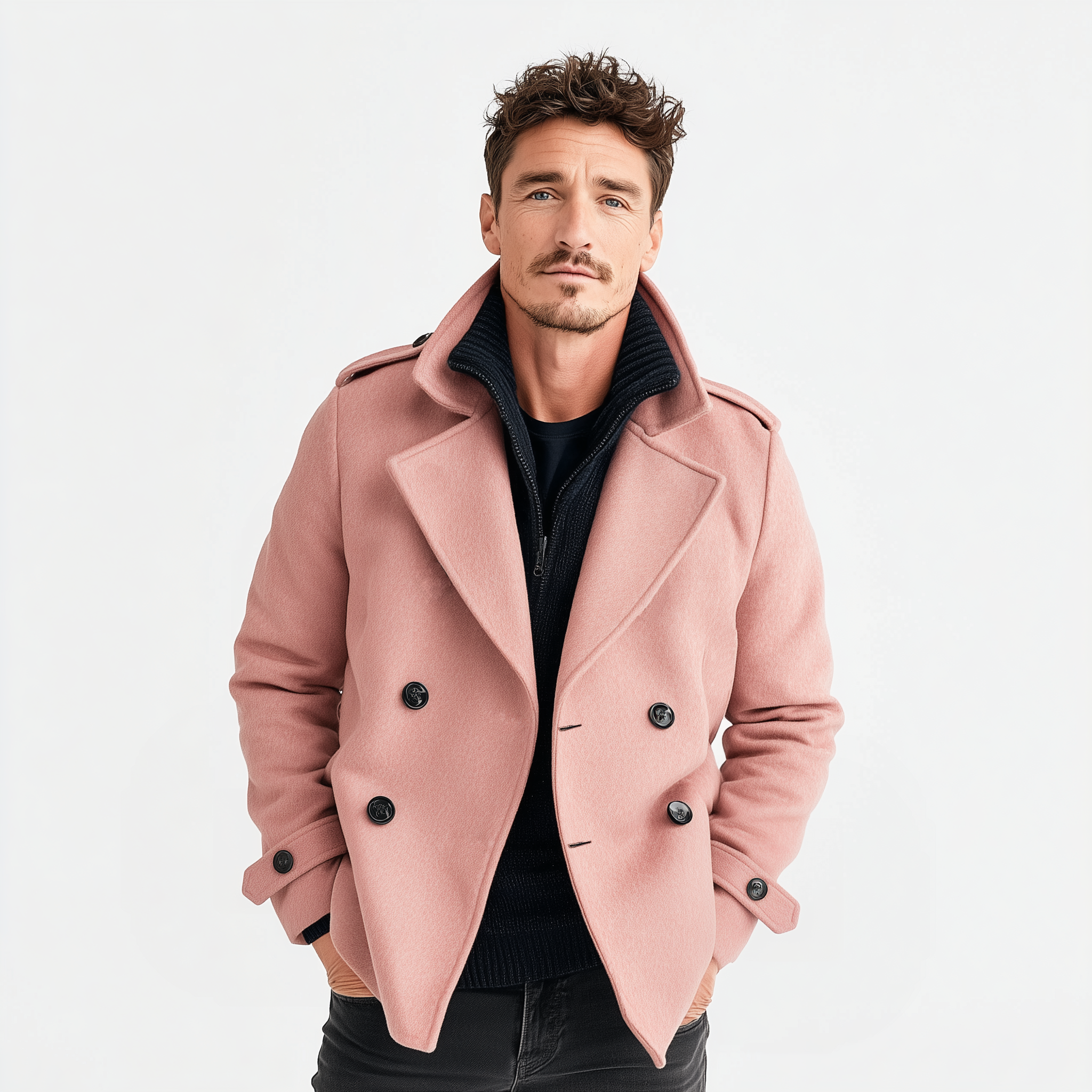Men's Classic Retro Lapel Epaulettes And Cuffs Pink  Faux Wool Double-breasted Jacket MTA2691I7K
