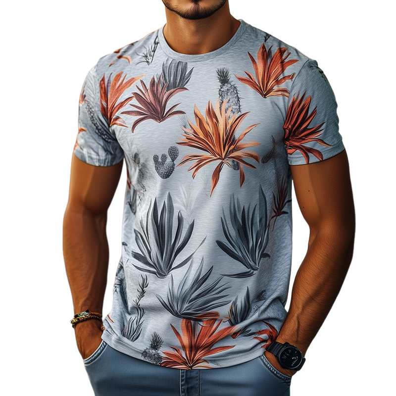 Retro Tropical Bird of Paradise trykt Uformell T-skjorte med rund hals for menn 36031893TO