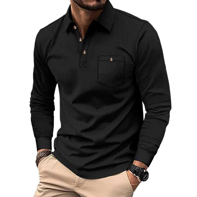 Men's Solid Color Waffle Long Sleeve Polo Shirt MTA2464G1X