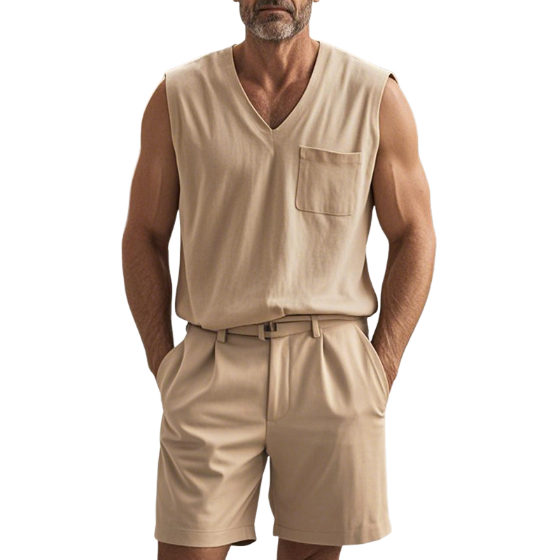 Herre Koselig bomull V-hals brystlomme ermeløs tanktopp shorts casual sett MTA0876E1Z